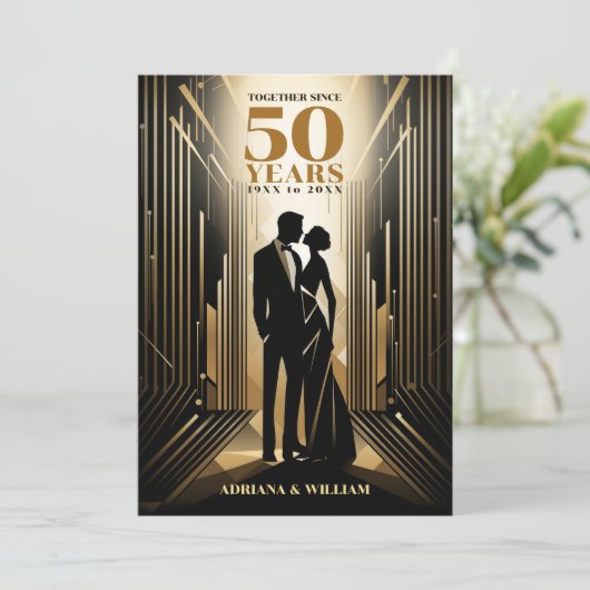 Art Deco Retro Zwart & Goud Bruiloft Jubileum Save The Date (Staand voorkant)