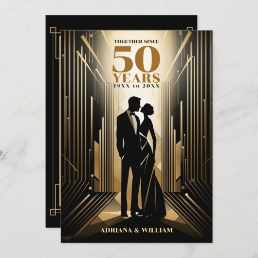 Art Deco Retro Zwart & Goud Bruiloft Jubileum Save The Date (Voorkant / Achterkant)