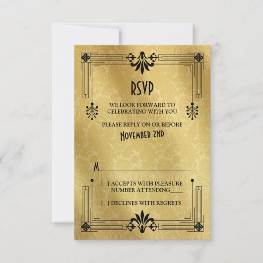 Art Déco Roaring 20s Black Gold Wedding Carte RSVP (Devant)