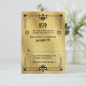Art Déco Roaring 20s Black Gold Wedding Carte RSVP (Debout devant)