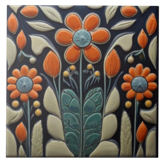 Art Deco rode bloemen Tegeltje (Voorkant)