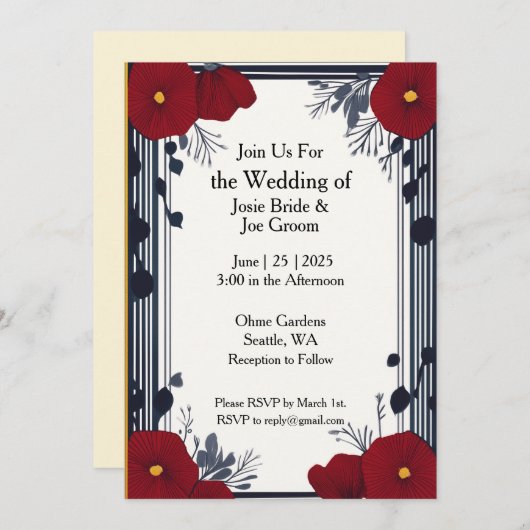 Art deco rode papavers bruiloft uitnodiging (Voorkant / Achterkant)