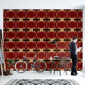 Art Deco Rood en Zwart Cirkelvormig Patroon Behang