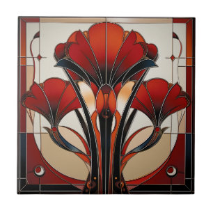 Art Deco Rood Zwart Wit Abstract Bloemmotief Tegeltje