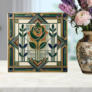Art Deco Roos Geometrische Smaragdgroene Tegel Tegeltje