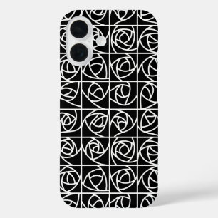 Art Deco Roos Vierkantjes Gestileerde Bloemen zwar iPhone 16 Hoesje
