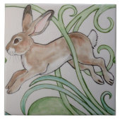 Art Deco Running Rabbit Designer Tile Trivet Green Tegeltje (Voorkant)