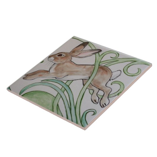 Art Deco Running Rabbit Designer Tile Trivet Green Tegeltje (Zijkant)