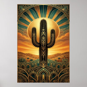 Art Deco Saguaro Cactus Zonneburst Woestijn Goud T Poster