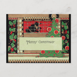 Art Deco Santa voor het raam Feestdagenkaart