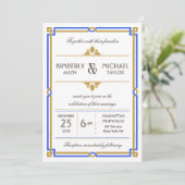  Art Deco Sapphire Blue & Gold Wedding Kaart (Staand voorkant)
