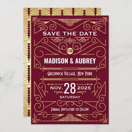 Art Deco Save the Date Bruiloft Goud Bourgogne Kaart (Voorkant / Achterkant)
