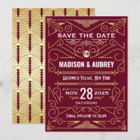 Art Deco Save the Date Bruiloft Goud Bourgogne
