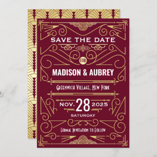 Art Deco Save the Date Bruiloft Goud Bourgogne Kaart