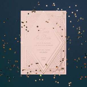 Art Deco Save the Date Diamond Blush Roos Gold Folie Uitnodiging