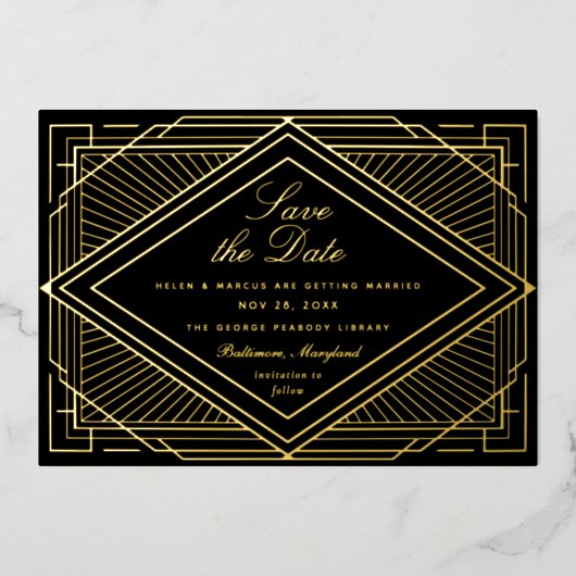 Art Deco Save the Date Landschap Folie Uitnodiging (Voorkant)