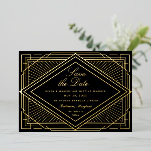 Art Deco Save the Date Landschap Folie Uitnodiging (Staand Voorkant)