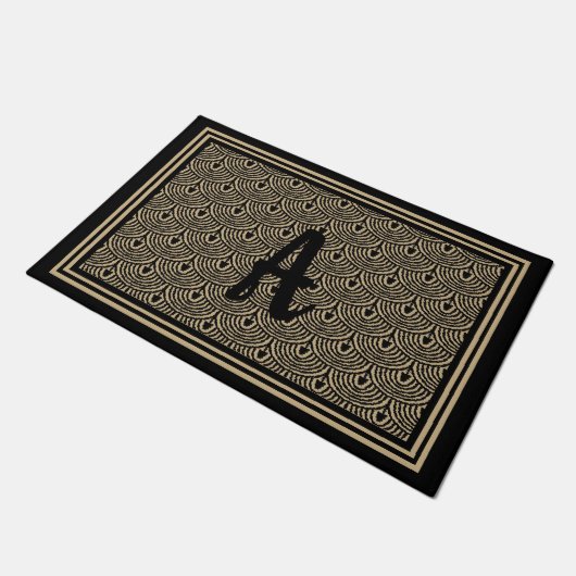 Art Deco Scallops Zwart Tan Custom Monogram Design Deurmat (Schuin)