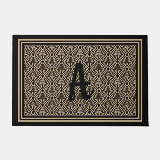 Art Deco Scallops Zwart Tan Custom Monogram Design Deurmat (Voorkant)