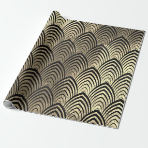Art Deco Seashell Scales Black Sepia Gold Geometry Cadeaupapier