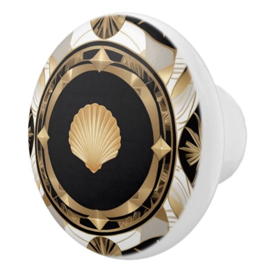 Art Deco Seashell Zwart Wit en Goud Shell Keramische Knop (Rechts)