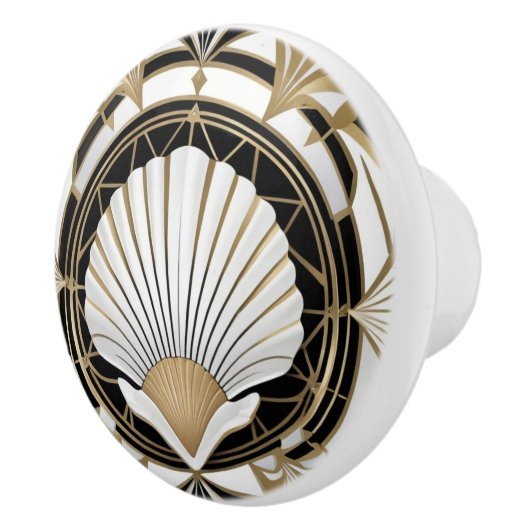 Art Deco Seashell Zwart Wit en Goud Shell Keramische Knop (Rechts)