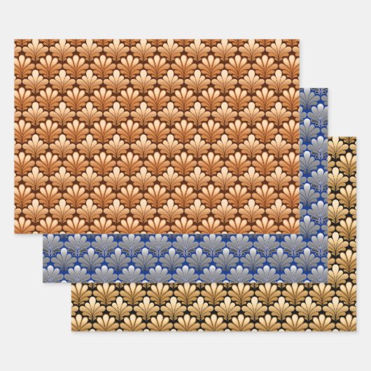 Art Deco Shell Pattern, Copper, Silver en Gold Inpakpapier Vel (Set)