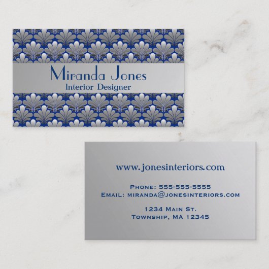 Art Deco Shell Pattern, Silver and Cobalt Blue Bu Visitekaartje (Voorkant / Achterkant)