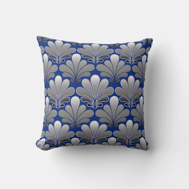 Art Deco Shell Pattern, Silver and Cobalt Blue Kussen (Voorkant)