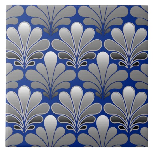 Art Deco Shell Pattern, Silver and Cobalt Blue Tegeltje (Voorkant)