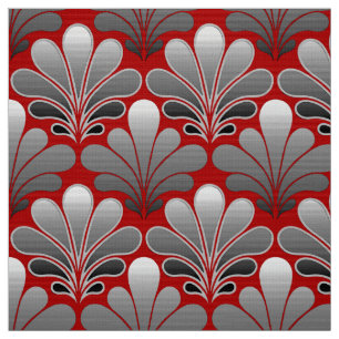 Art Deco Shell Pattern, Silver Grey / Grey and Red Stof