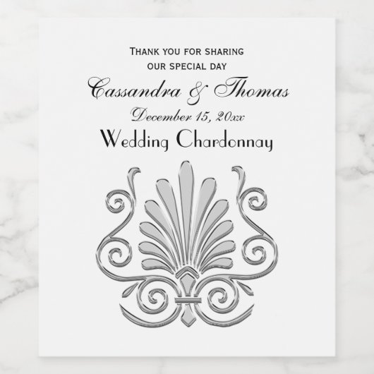  Art Deco Silver Plume Arabesque Wijn Etiket (Enkel label)