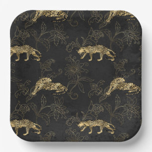 Art deco Sophisticated Black en Gold leopard Papieren Bordje