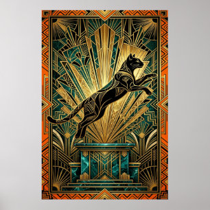 Art Deco springende gouden lynx-wandkunst Poster