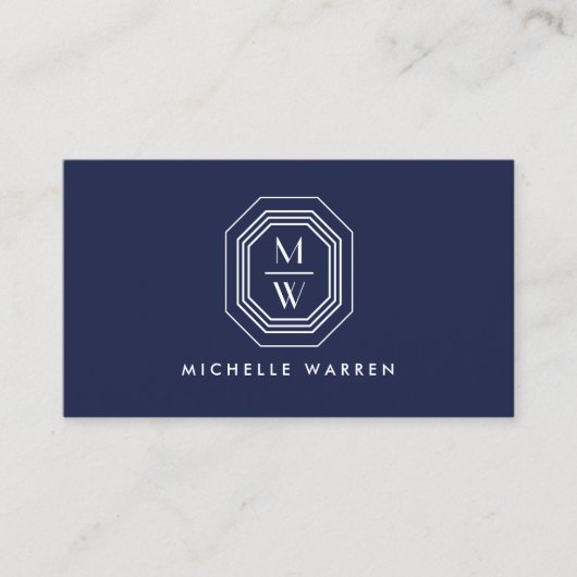 Art Deco Stacked Monogram Logo op Navy Blue Visitekaartje (Voorkant)