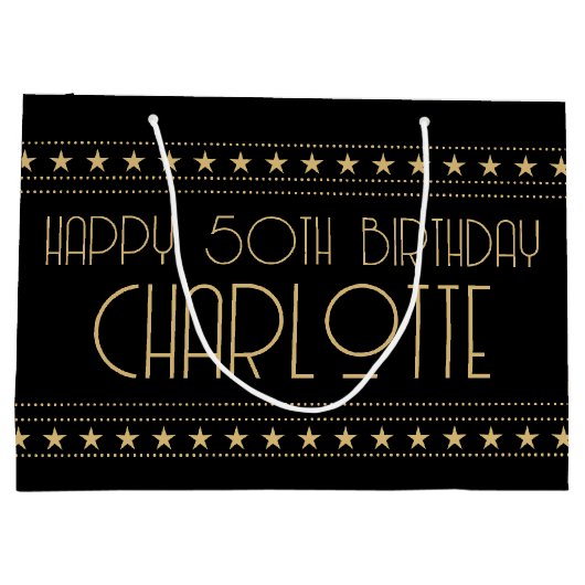 Art Deco Star Aangepaste leeftijd naam zwart goud Groot Cadeauzakje (Achterkant)