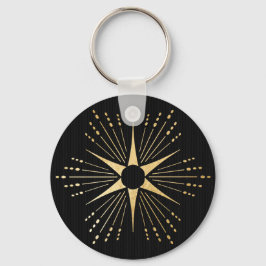 Art Deco Starburst Zwart en Goud Sleutelhanger