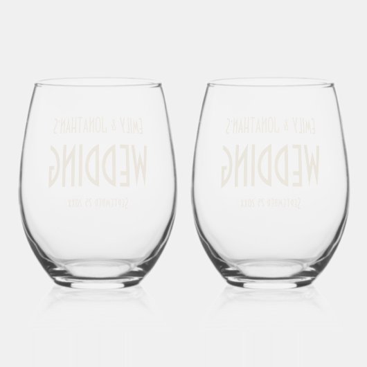 Art Deco Stijl Namen Datum Bruiloft Wijnglas Zonder Voet (Achterkant)