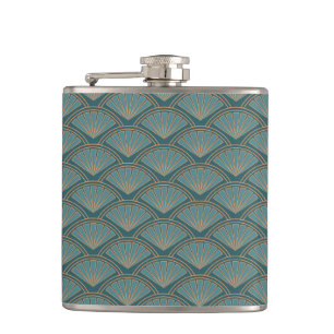 Art Deco stijlpatroon in blauwgroen blauwe kleur Heupfles