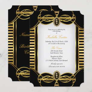 Art Deco Stripe Golden Black White Birthday Party Kaart