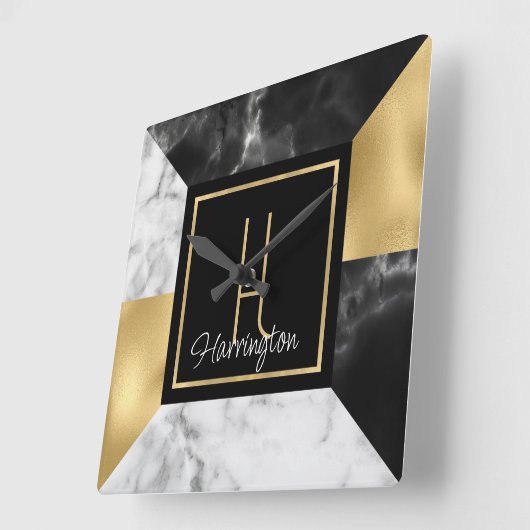 Art Deco Style Marble en Gold Monogramed Vierkante Klok (Hoek)
