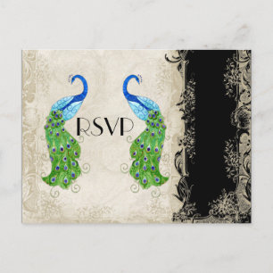 Art Deco Style Peacock Black n Cream Lace Uitnodiging Briefkaart