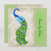 Art Deco Style Peacock Lime Green Lace Save The Date (Voorkant / Achterkant)