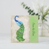 Art Deco Style Peacock Lime Green Lace Save The Date (Staand voorkant)