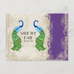 Art Deco Style Peacock Paars in Cream Lace Aankondigingskaart