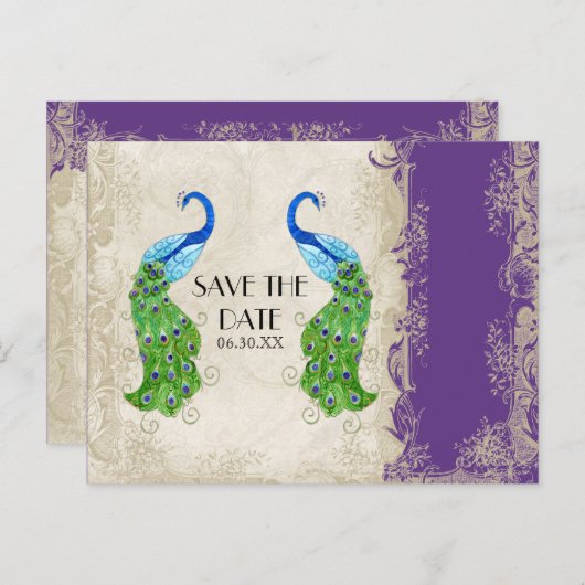 Art Deco Style Peacock Paars in Cream Lace Aankondigingskaart (Voorkant / Achterkant)