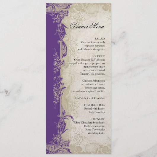 Art Deco Style Peacock Paars in Cream Lace Menu (Achterkant)