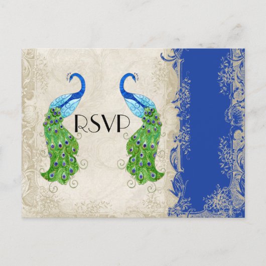Art Deco Style Peacock Royal Blue Lace Uitnodiging Briefkaart (Voorkant)