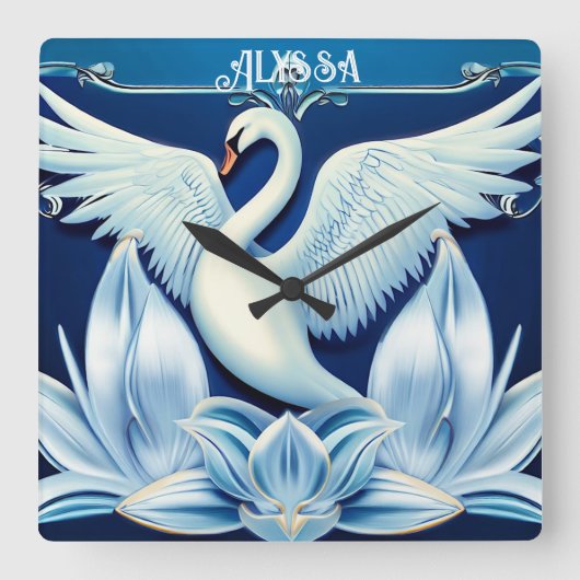 Art Deco Swan en Lilies Sierkussen Vierkante Klok (Voorkant)