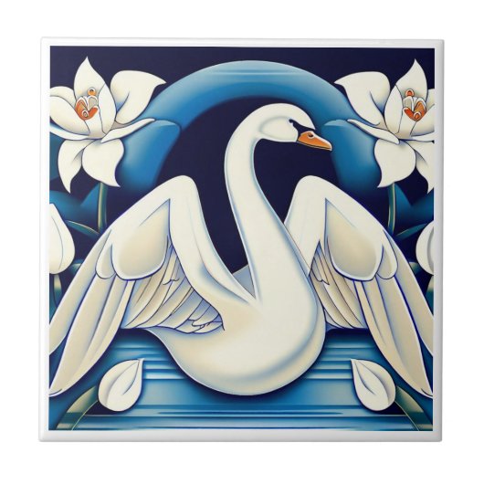 Art Deco Swan en Lilies Tegeltje (Voorkant)